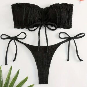 Black Smocked Tie-Side Bandeau Bikini Set